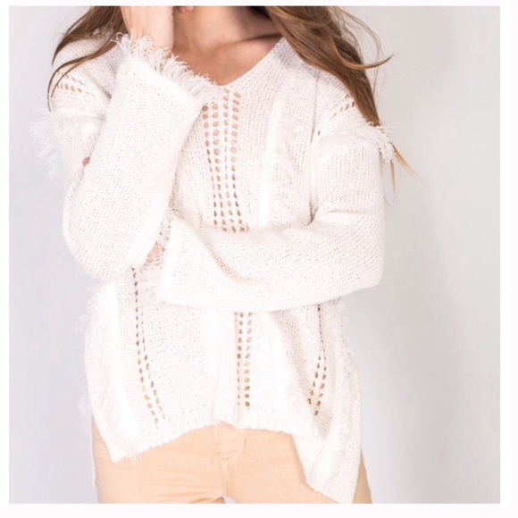 🍃🍂Geo Fringe Crisp White Boho Pullover Sweater - Picture 8 of 9